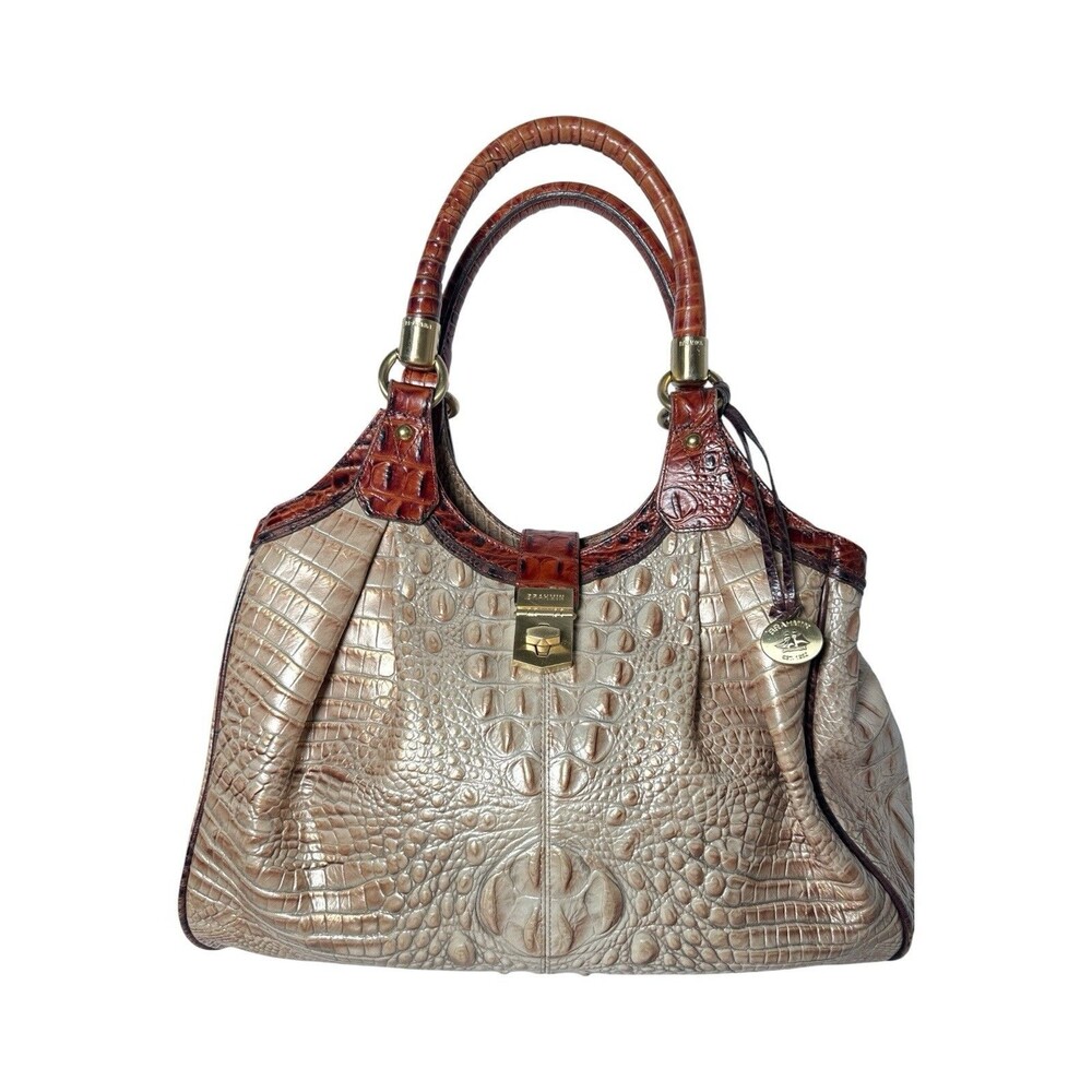 Brahmin Elisa Champagne Pecan Melbourne Crocodile Embossed Leather Satchel Bag